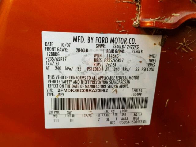 2FMDK36C08BA23962 - 2008 FORD EDGE SE ORANGE photo 10