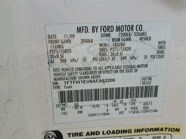 1FTFW1EV8AFA82206 - 2010 FORD F150 WHITE photo 10