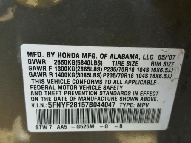 5FNYF28157B044047 - 2007 HONDA PILOT LX GREEN photo 10