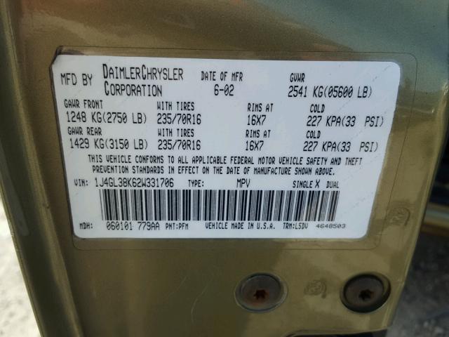 1J4GL38K62W331706 - 2002 JEEP LIBERTY RE GREEN photo 10