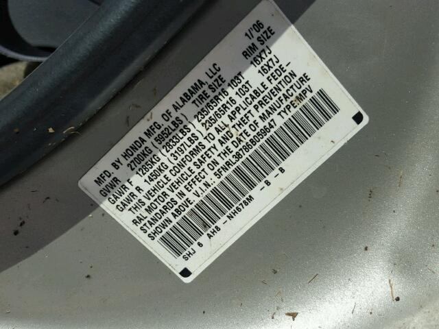 5FNRL38786B059647 - 2006 HONDA ODYSSEY EX SILVER photo 10