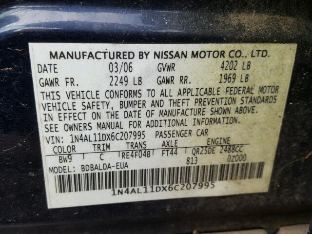 1N4AL11DX6C207995 - 2006 NISSAN ALTIMA S BLUE photo 10