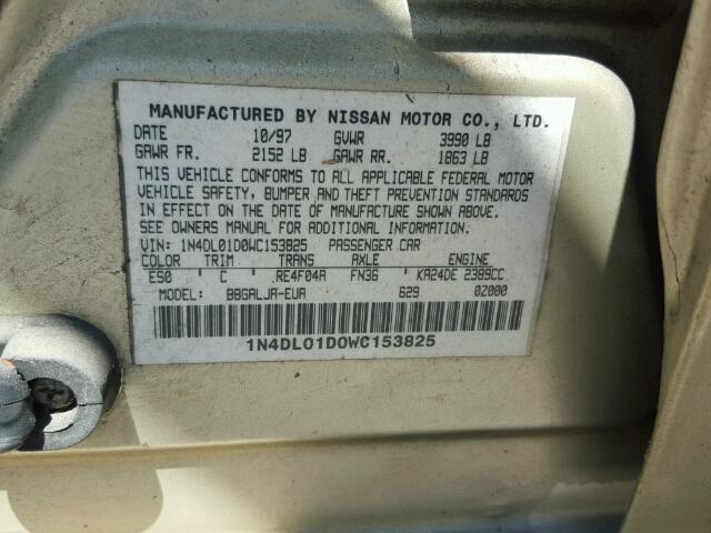 1N4DL01D0WC153825 - 1998 NISSAN ALTIMA XE GOLD photo 10