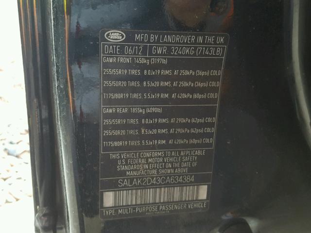 SALAK2D43CA634384 - 2012 LAND ROVER LR4 HSE LU BLACK photo 10