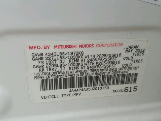 JA4AP4AU5CZ010753 - 2012 MITSUBISHI OUTLANDER WHITE photo 10