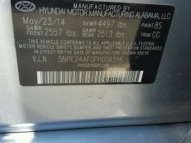 5NPE24AF0FH006516 - 2015 HYUNDAI SONATA SILVER photo 10