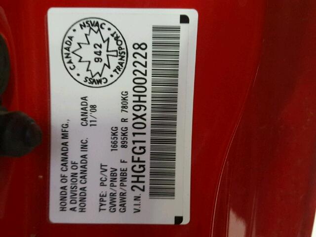 2HGFG110X9H002228 - 2009 HONDA CIVIC EXL RED photo 10