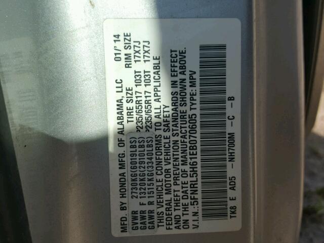 5FNRL5H61EB070605 - 2014 HONDA ODYSSEY SILVER photo 10