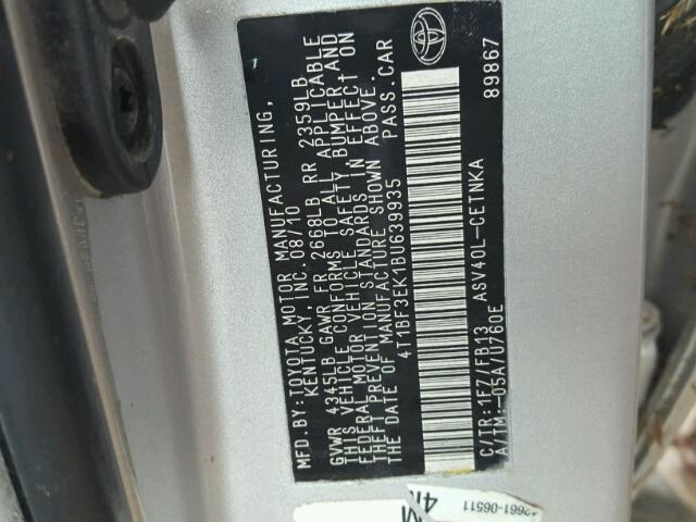 4T1BF3EK1BU639935 - 2011 TOYOTA CAMRY BASE SILVER photo 10