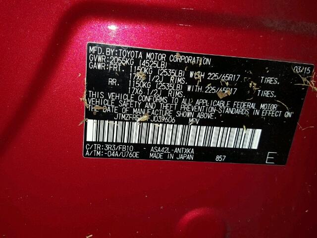 JTMZFREV7FJ039606 - 2015 TOYOTA RAV4 LE Qırmızı foto 10