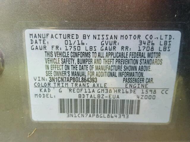 3N1CN7AP8GL864393 - 2016 NISSAN VERSA GRAY photo 10