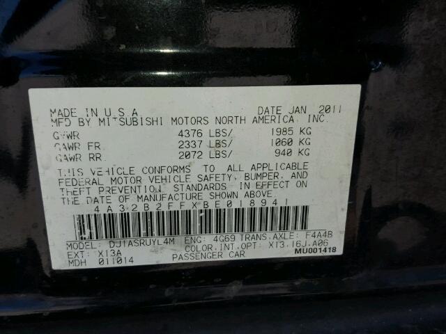 4A32B2FFXBE018941 - 2011 MITSUBISHI GALANT FE BLACK photo 10