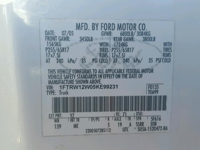 1FTRW12W05KE99231 - 2005 FORD F150 WHITE photo 2