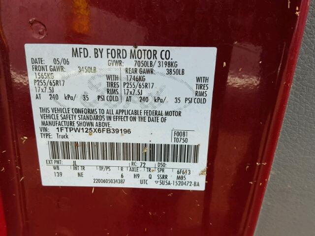 1FTPW125X6FB39196 - 2006 FORD F150 SUPER MAROON photo 10