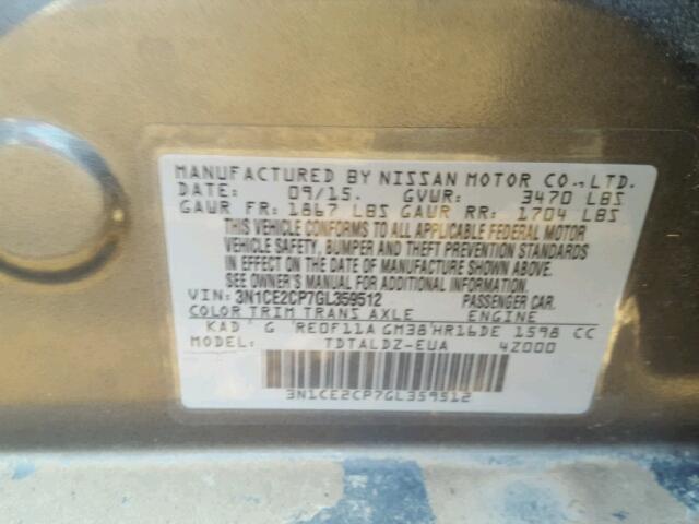 3N1CE2CP7GL359512 - 2016 NISSAN VERSA NOTE GRAY photo 10