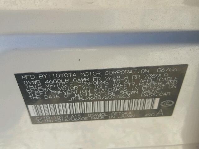 JTHBJ46G472027653 - 2007 LEXUS ES 350 SILVER photo 10