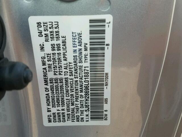 5J6YH28696L018871 - 2006 HONDA ELEMENT BLUE photo 10