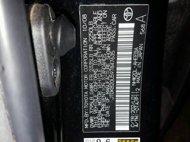 JTDKB20U597847635 - 2009 TOYOTA PRIUS BLACK photo 10