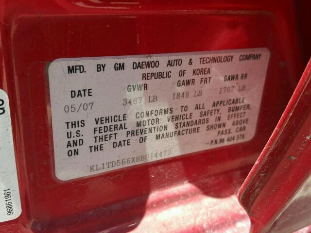 KL1TD566X8B014473 - 2008 CHEVROLET AVEO BASE Կարմիր լուսանկար 10