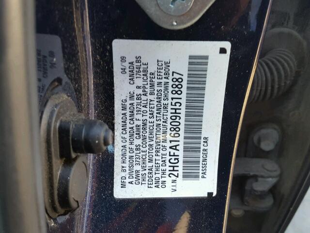 2HGFA16809H518887 - 2009 HONDA CIVIC BLUE photo 10