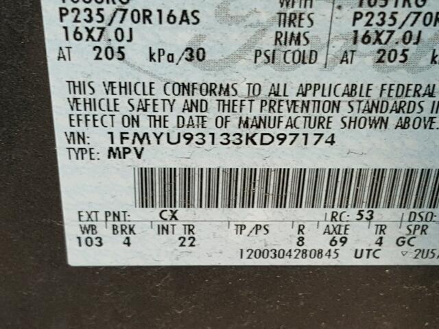 1FMYU93133KD97174 - 2003 FORD ESCAPE XLT GRAY photo 10