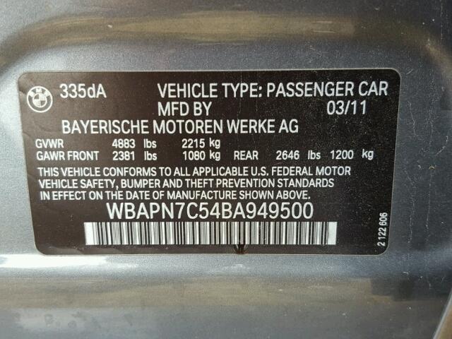 WBAPN7C54BA949500 - 2011 BMW 335 GRAY photo 10