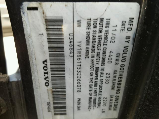 YV1RS61T532266078 - 2003 VOLVO S60 GRAY photo 10