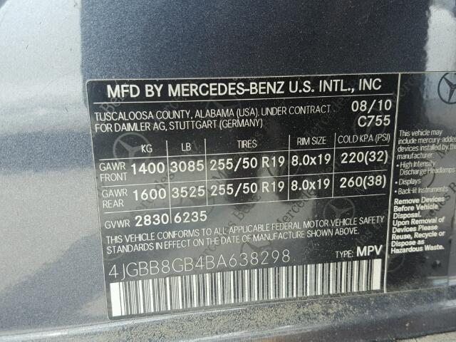 4JGBB8GB4BA638298 - 2011 MERCEDES-BENZ ML 350 4MA BLUE photo 10