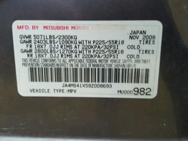 JA4MS41X59Z008693 - 2009 MITSUBISHI OUTLANDER GRAY photo 10