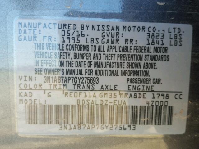 3N1AB7AP7GY275693 - 2016 NISSAN SENTRA GRAY photo 10