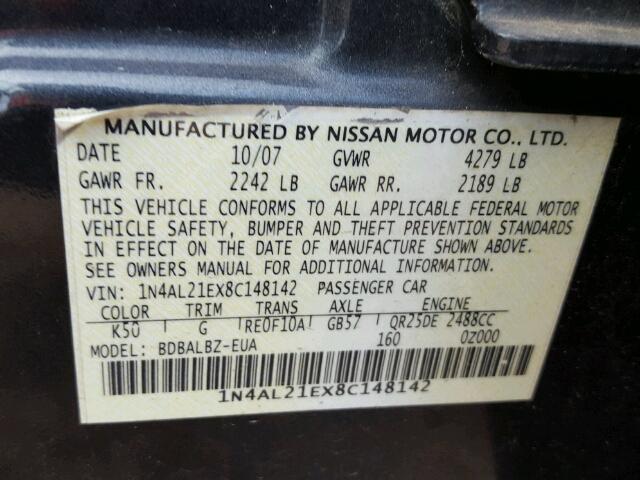 1N4AL21EX8C148142 - 2008 NISSAN ALTIMA GRAY photo 10