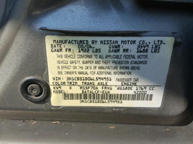 3N1CB51D06L594951 - 2006 NISSAN SENTRA 1.8 SILVER photo 10