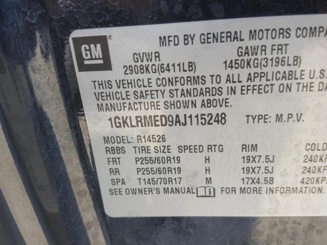 1GKLRMED9AJ115248 - 2010 GMC ACADIA SLT 黑色 照片 10