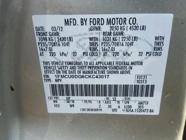 1FMCU0DG6CKC43017 - 2012 FORD ESCAPE GOLD photo 10