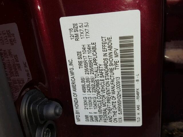 5J6RW5H32HL000913 - 2017 HONDA CR-V LX MAROON photo 10