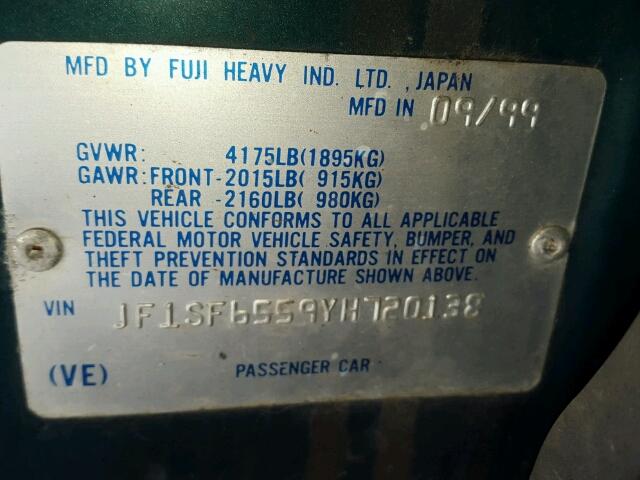 JF1SF6559YH720138 - 2000 SUBARU FORESTER S GREEN photo 10