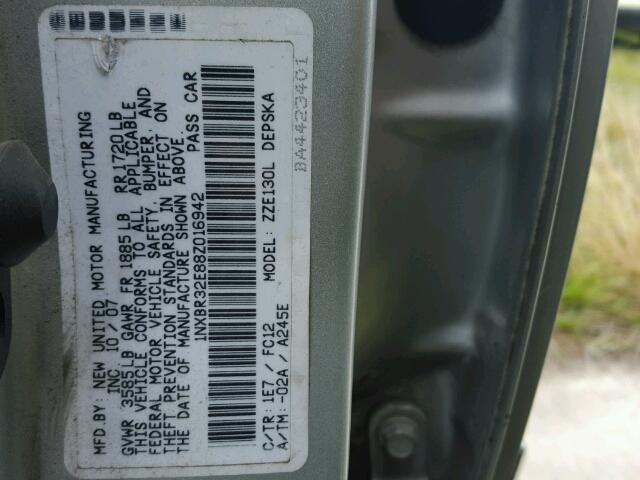 1NXBR32E88Z016942 - 2008 TOYOTA COROLLA SILVER photo 10