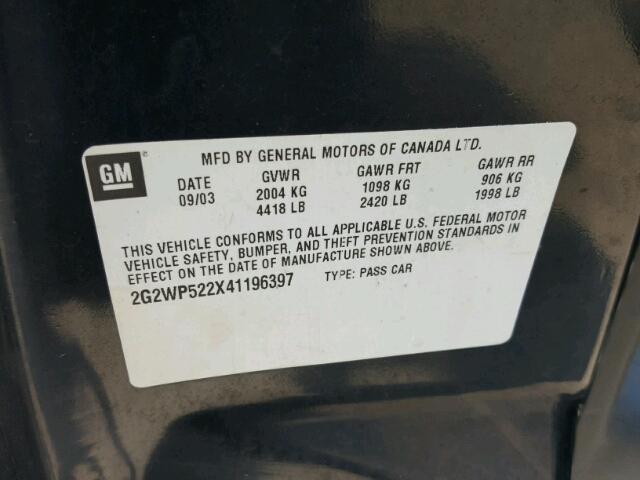 2G2WP522X41196397 - 2004 PONTIAC GRAND PRIX BLACK photo 10