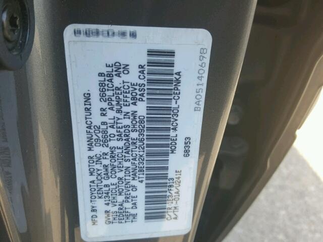 4T1BE32K12U639280 - 2002 TOYOTA CAMRY LE GRAY photo 10