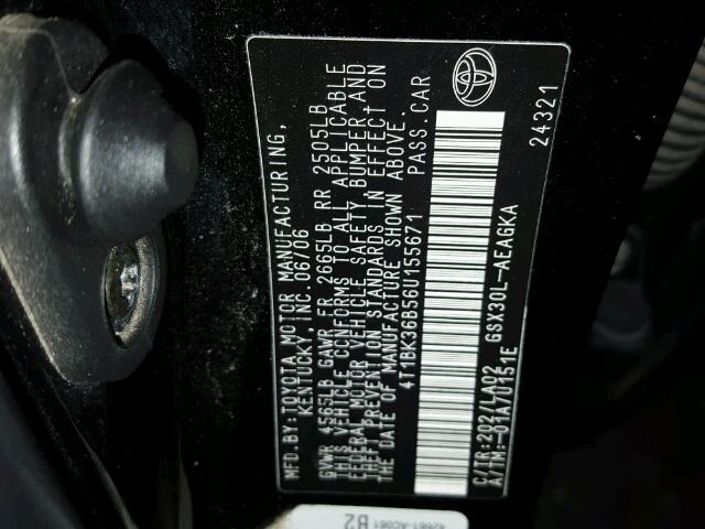 4T1BK36B56U155671 - 2006 TOYOTA AVALON XL BLACK photo 10