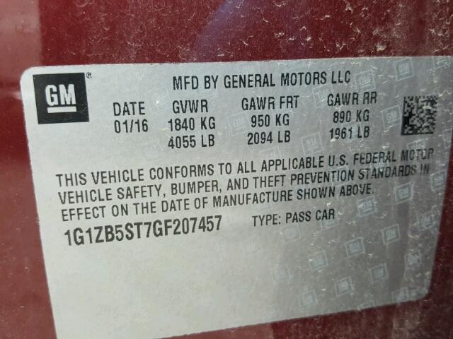 1G1ZB5ST7GF207457 - 2016 CHEVROLET MALIBU LS MAROON photo 10