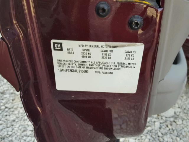 1G4HP52K04U215690 - 2004 BUICK LESABRE CU BURGUNDY photo 10