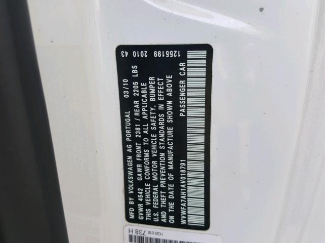 WVWFA7AH1AV018791 - 2010 VOLKSWAGEN EOS LUX 白色 照片 10