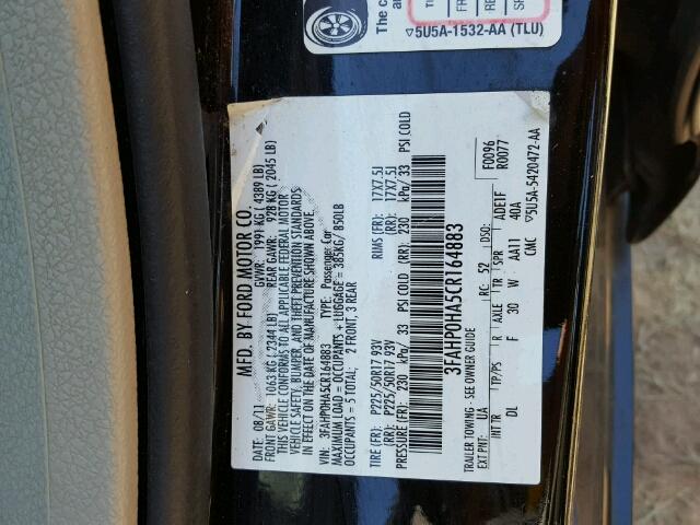 3FAHP0HA5CR164883 - 2012 FORD FUSION BLACK photo 10