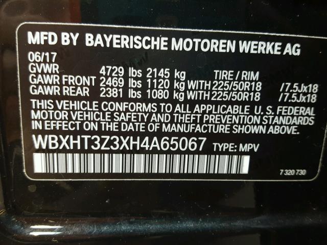 WBXHT3Z3XH4A65067 - 2017 BMW X1 XDRIVE2 黑色 照片 10