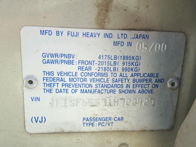 JF1SF65571H722427 - 2001 SUBARU FORESTER S GOLD photo 10