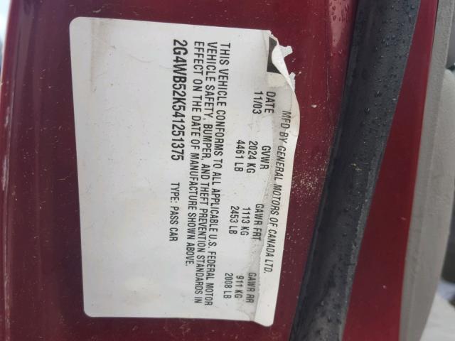 2G4WB52K541251375 - 2004 BUICK REGAL LS MAROON photo 10