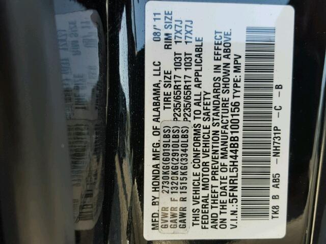 5FNRL5H44BB100156 - 2011 HONDA ODYSSEY EX BLACK photo 10