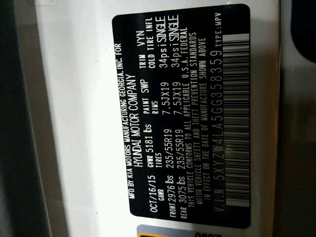 5XYZW4LA5GG358359 - 2016 HYUNDAI SANTA FE S Սպիտակ լուսանկար 10