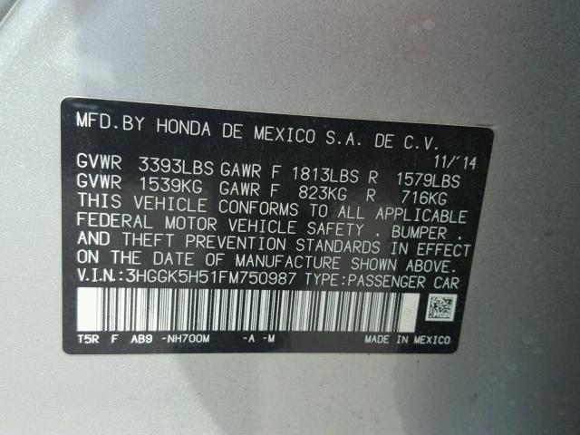 3HGGK5H51FM750987 - 2015 HONDA FIT LX SILVER photo 10